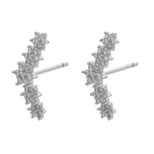 Detailed view of silver curved star cluster earrings with white cubic zirconia stones