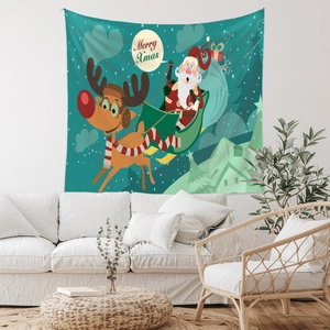 Detail of Christmas tapestry with Santa and reindeer on a green background