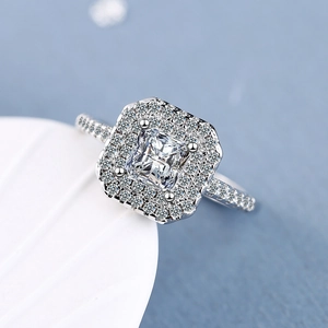 Luxury Square Cut Zirconia Halo Ring For Women Copper Platinum Plated Adjustable Opening Elegant Fashion Jewelry Gift