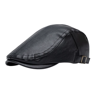 Men's winter faux leather flat cap in black with textured finish and metal side buckle