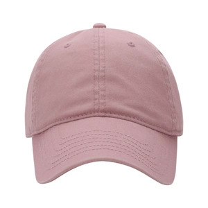 Detailed close-up of pink cotton twill baseball cap with reinforced six-panel structure