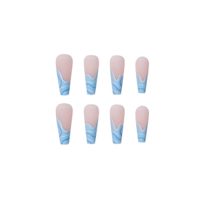Blue ocean wave pattern press-on nails in long ballet shape with nude base color
