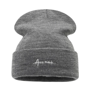 Grey winter beanie hat with white letter embroidery for men and women outdoor warmth