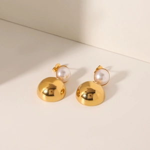 Elegant 18k gold plated stainless steel semi-circle earrings with pearl drop charms