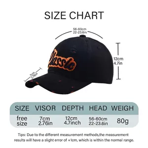 Size chart for retro cotton baseball cap featuring orange embroidery and sizing details