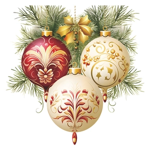 Christmas tree ornaments set with red and beige baubles on green pine branches