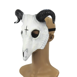 Detailed view of goat skull Halloween mask with black spiral horns and bone texture
