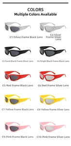 Detailed catalog of Y2K wraparound sunglasses showing ten color variants and lens types