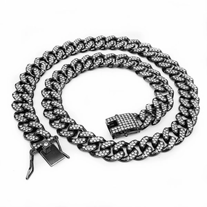 Black metal 13mm Cuban link necklace with sparkling crystals and secure clasp