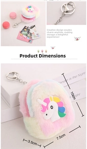 Detailed dimensions of unicorn plush coin purse: 10cm height, 7.5cm width, 3.5cm thickness