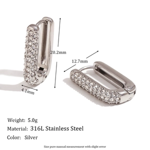 U-shaped stainless steel earrings with micro-inlaid cubic zirconia stones and measurements