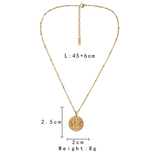 Detail of gold stainless steel zodiac coin necklace with size specs 45+6cm and 8g weight