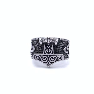 Vintage stainless steel Viking Mjolnir ring with Nordic Celtic knot patterns