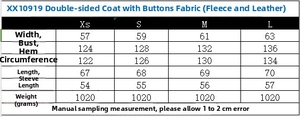 Detailed size chart for retro lapel buttoned coat with dimensions in centimeters