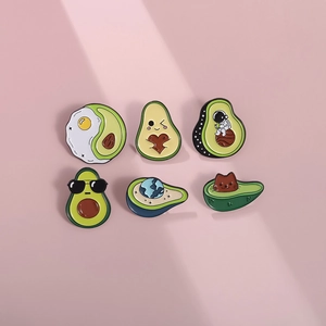 Set of six cute avocado enamel pins featuring cat astronaut and heart shapes for clothing