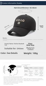 Size chart for cotton baseball cap showing 56-60cm circumference and measurement guide