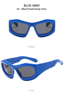 Front and side views of trendy blue bubble frame sunglasses with dark gray lenses