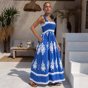 Royal blue printed maxi beach dress with spaghetti straps and embroidery pattern