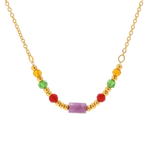 Gold beaded necklace featuring multicolored faceted crystals and purple rectangular gem