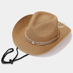 Western straw Panama hat for women featuring colorful beaded band and adjustable chin strap