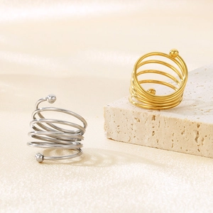 Minimalist spiral stainless steel ring with double beads in gold and silver finish