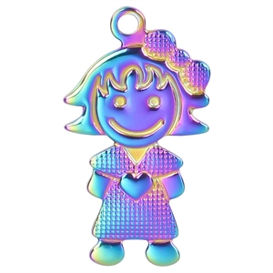 Polished rainbow titanium steel girl pendant with embossed heart and grid textures