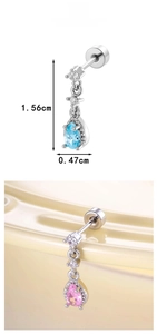 Detailed view of teardrop zircon earrings with blue and pink stones and screw backs