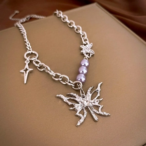 Butterfly Pendant Necklace Stainless Steel With Rhinestones And Imitation Artificial Pearls Y2K Liquid Metal Style For Women