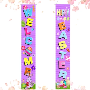 Detailed vertical purple Easter banners with Welcome and Happy Easter festive printing