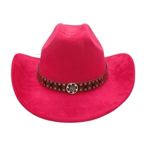 Detail of rose red western cowboy hat with studded leather band and ornate metal buckle
