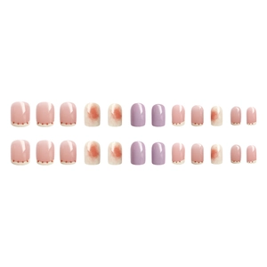24-piece short square french tip press-on nails with purple polka dot and orange marble