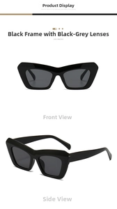 Detailed views of chunky black rectangle sunglasses with dark gray lenses for men and women