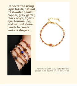 Detail of bohemian handmade beaded bracelets featuring lapis lazuli and freshwater pearls