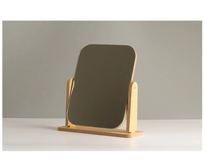 Minimalist rectangular wooden vanity mirror with adjustable rotating stand and rounded corners