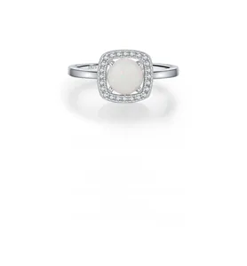 Macro shot of S925 silver ring featuring round white opal stone and zircon halo detail