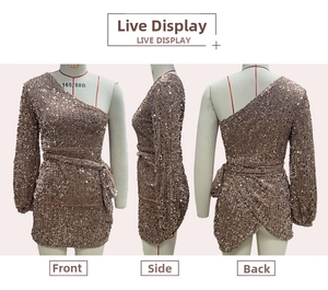 Three-view display of champagne gold sequined one-shoulder dress with wrap skirt