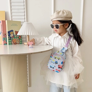 Toddler blue crossbody bag featuring a cute cartoon construction vehicle pattern and strap