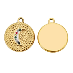 Macro view of gold round coin pendant with moon pattern and colorful zircon stones