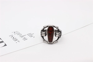 Macro shot of silver gothic coffin ring with red enamel and skull details on a white background