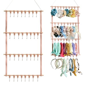 Hair Accessory Organizer Wall Mounted PU Leather Wood Hanging Rack For Scrunchies Headbands Clips Display