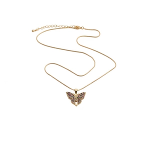 Detail of copper butterfly necklace with colorful zircon stones on fine snake chain