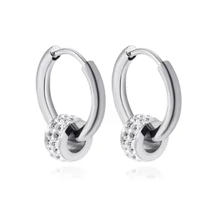 Detail shot of silver stainless steel hoop earrings with sparkling micro-pave crystals