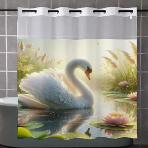 Detail of waterproof swan and water lily print fabric shower curtain with metal eyelets