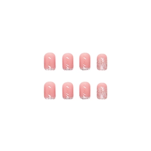 Pink gradient press-on nails with silver glitter tips in a short round style