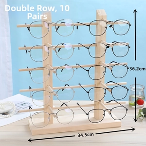 Five-tier double-row pine wood glasses display stand holding ten pairs of spectacles