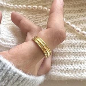 Minimalist S925 sterling silver multilayer gold ring with irregular wide band design