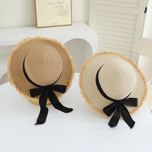 Boater Straw Hat Sun Protection Beach Holiday Bow Ribbon Raw Edge For Kids And Adults French Style