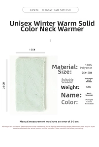 Size chart showing 25x15cm dimensions and polyester material of the plush neck warmer