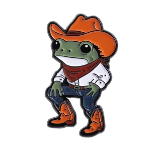 Épinglette en émail de grenouille cowboy avec chapeau orange et bottes bleues