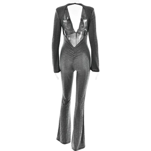 Sexy grey shimmering backless jumpsuit with long sleeves and wide leg flare pants